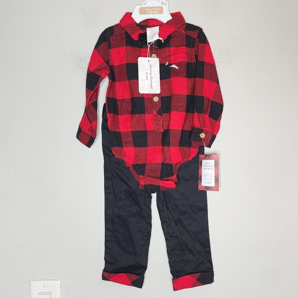 NWT Tommy Bahama Red Black Buffalo Plaid 2 Piece Set Black Velvet Pant 6-9 month
